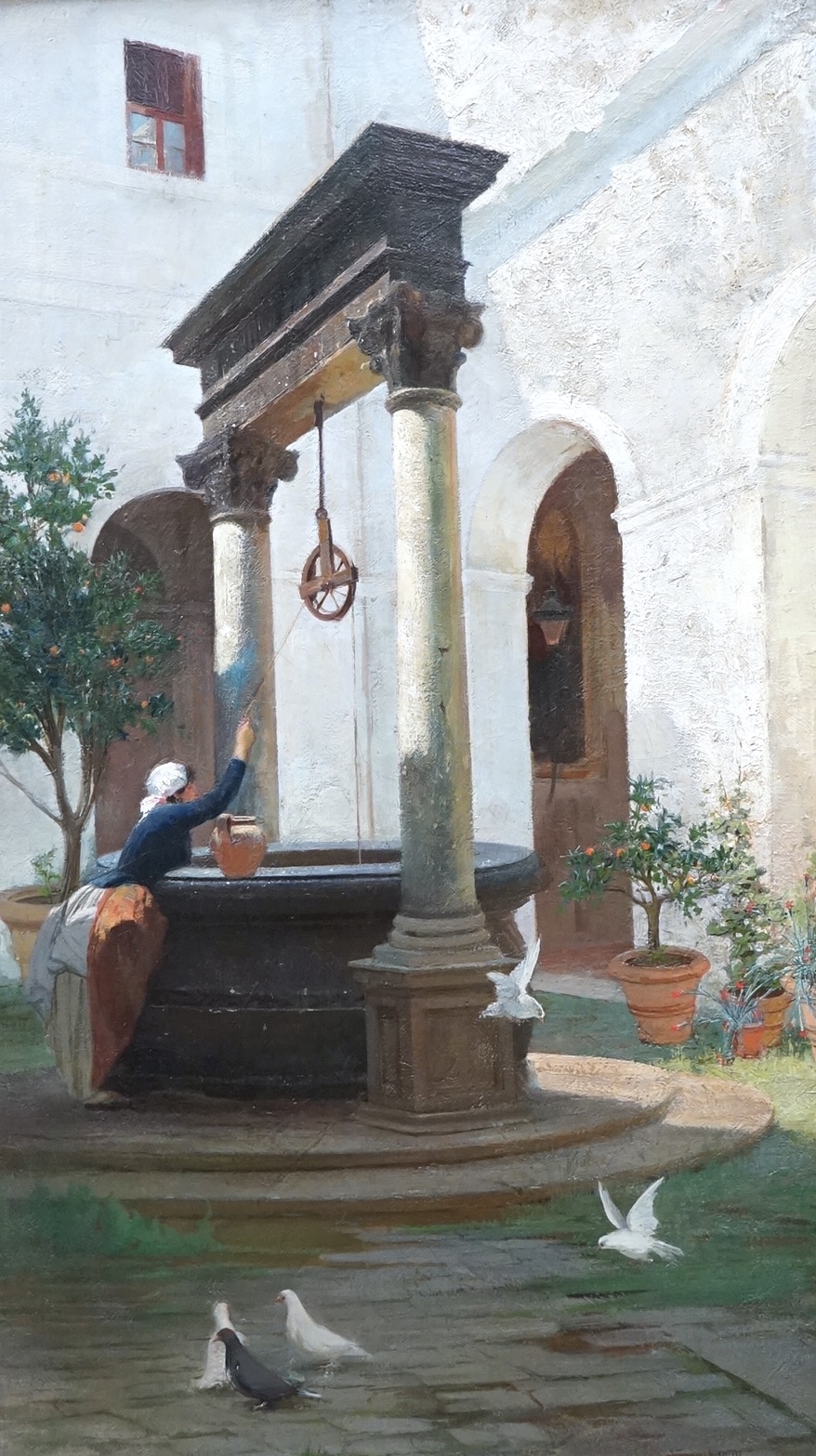Late 19th century, Italian School, oil on board, Woman at a well, inscribed ‘Roma’ and dated 1891, 78 x 46cm, ornate gilt framed